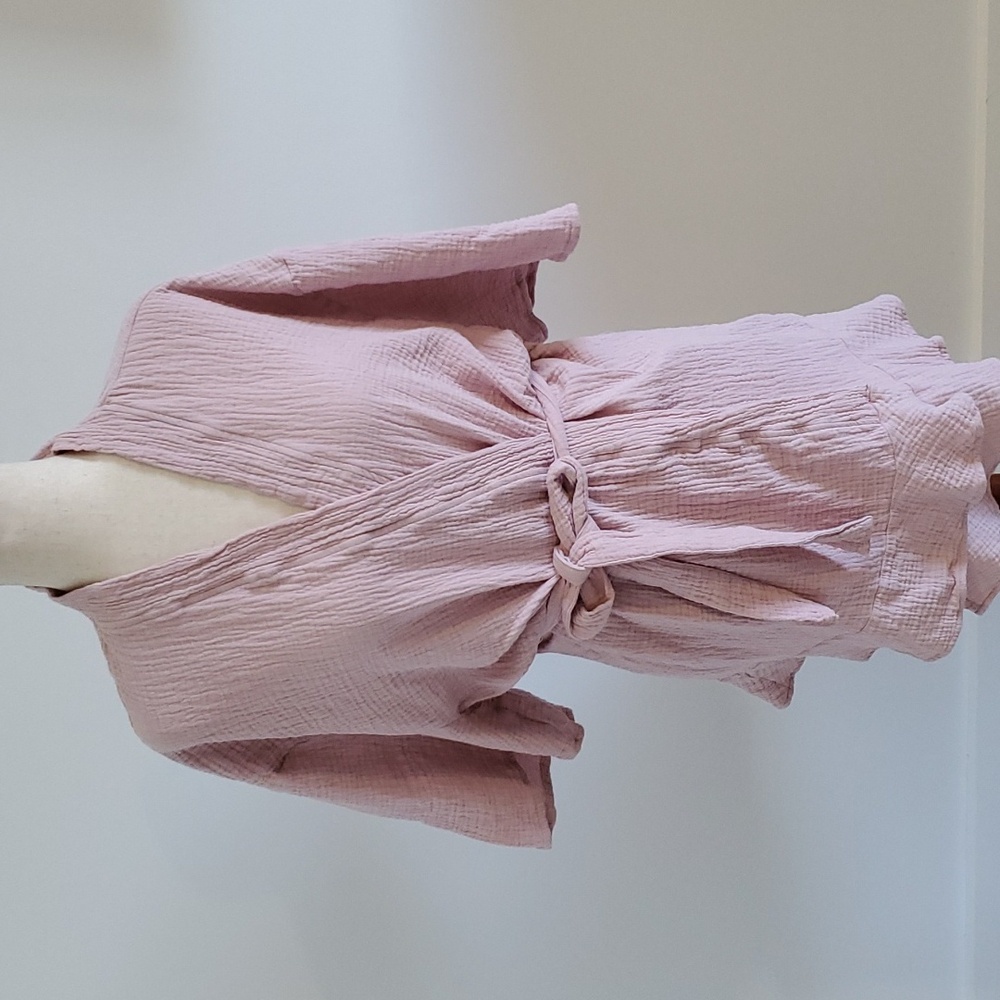 Serra Blush Pink Crinkled Cotton Robe with Tie Belt